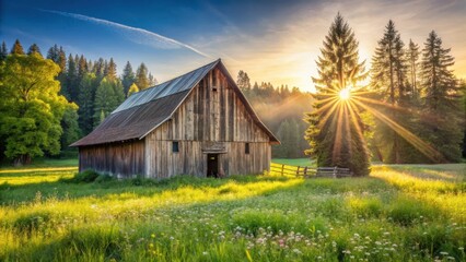 Obraz premium A rustic farm barn standing alone in a green meadow surrounded by tall trees and wildflowers, with sunlight filtering through the gaps in the wooden slats , flowers, trees