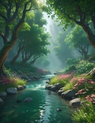Emerald canopy, vibrant blooms, crystal stream flows ,  woodland,  woods
