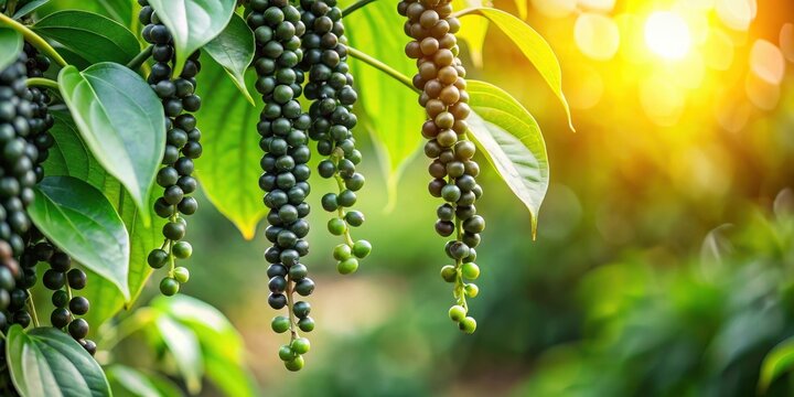 Black pepper fruits hanging from a tree in a lush garden, nature, plant life,  nature, plant life