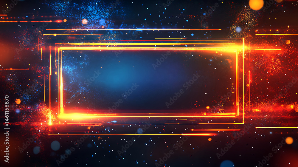 Poster abstract frame with glowing lines and particles against a dark cosmic background design