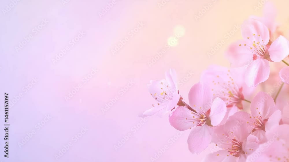 Poster Light pink flowers blooming on a soft pastel background creating a dreamy and romantic atmosphere with gentle bokeh and a touch of magic, perfect for spring and easter themes