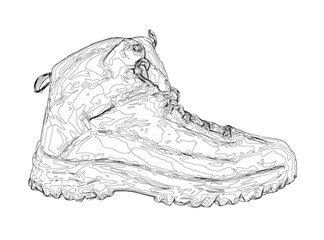 A shoe with a black sole and white laces. The shoe is designed to be worn in cold weather