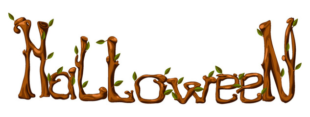 Scary Wooden Halloween Word That Looks Like a Spooky Tree. Cartoon style. Halloween Logo perfect for holiday projects, crafting greeting cards, decorations, for invitations