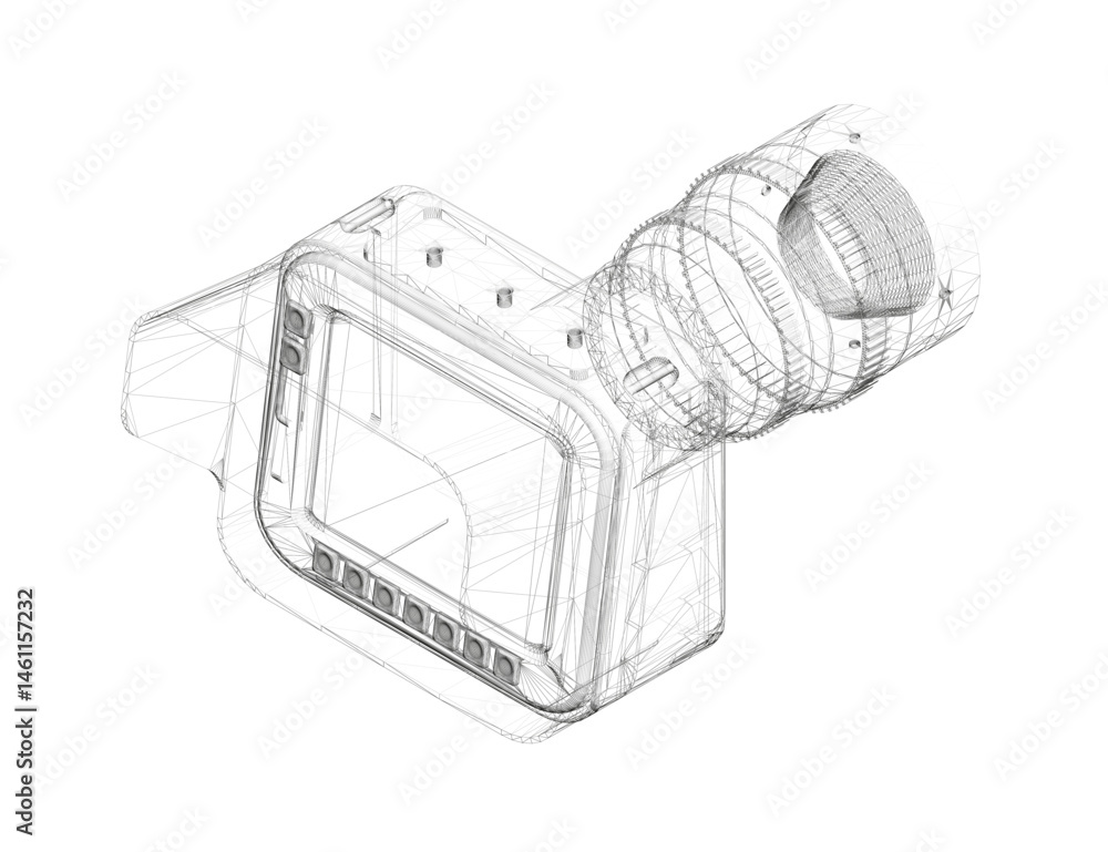Poster a digital camera with a screen and a camera lens. the camera is a high-quality model with advanced f