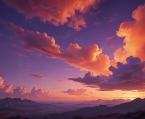 Fototapeta premium Fiery orange and purple clouds blaze across a vast, twilight sky , landscape, meteorological, orange