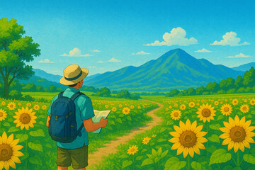 Sunflower Field and Lightly Dressed Hiker in Summer – Realistic Outdoor Illustration