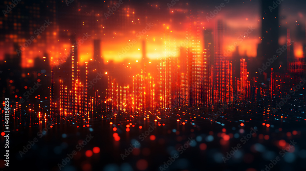 Poster abstract futuristic digital cityscape with glowing particle data representation and red orange sky v