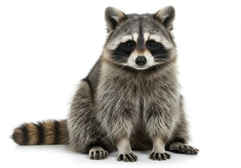 Sitting raccoon with striped tail looking at the camera on a white background