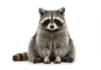 Obraz premium Full body portrait of a raccoon sitting upright on a white background