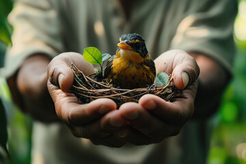 A man's hands gently cradling a bird in a nest
