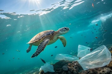 Fototapeta premium Sea Turtle Trapped in Ocean Plastic – Realistic Underwater Pollution Scene