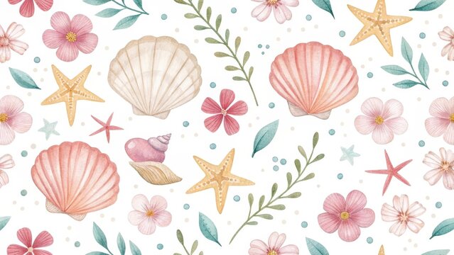 Colorful seashell and flower pattern creating a vibrant coastal design with natural elements