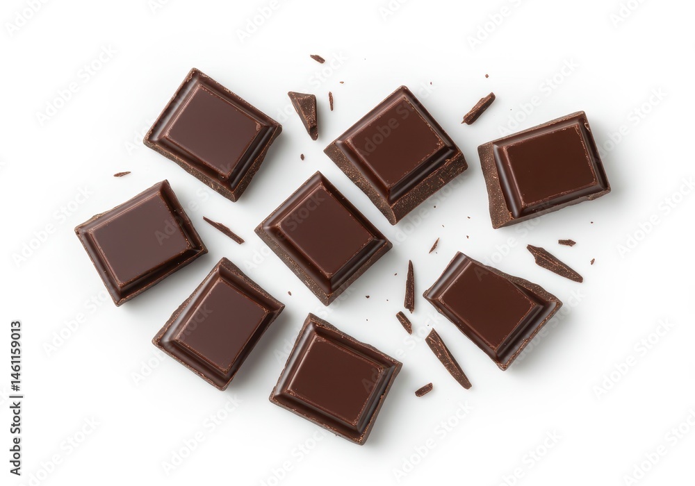 Poster dark chocolate squares and shards arranged on a white surface from above