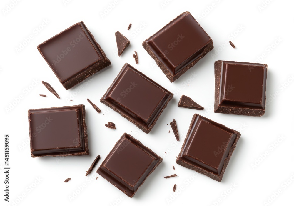 Poster dark chocolate squares and shards scattered on a white surface overhead view