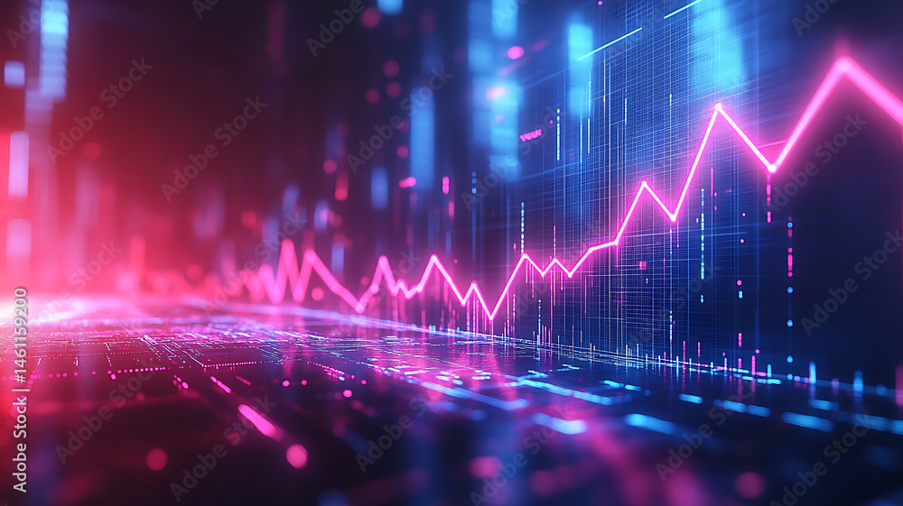 Poster abstract futuristic financial data visualization with glowing line graph and digital grid technology