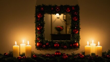 Candles and Christmas ornaments decorating a mirror for the holiday season