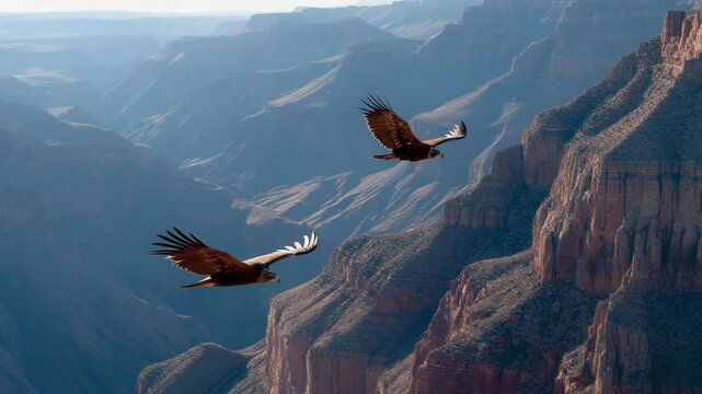 Two magnificent eagles soar gracefully above the vast Grand Canyon, showcasing the beauty of nature and wildlife in this stunning aerial view of the majestic cliffs and landscapes.