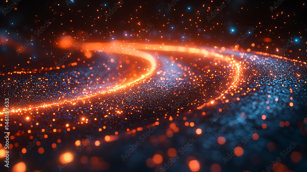 Poster abstract futuristic glowing particle stream with orange and blue color scheme creates a digital land