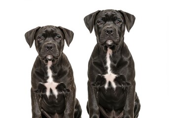 Obraz premium Two black cane corso puppies sitting side by side on a white background