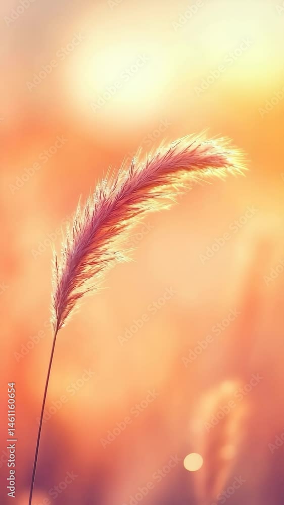 Poster gentle sunlight streaming from a setting sun softly illuminates a delicate grass stalk, creating a w