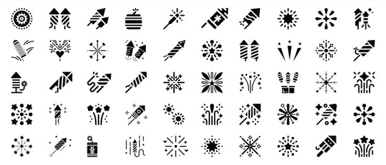 Collection of black and white fireworks icons and symbols