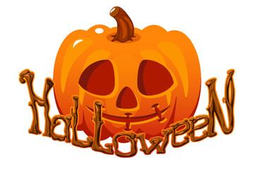 Scary Wooden Halloween Word That Looks Like a Spooky Tree and Halloween pumpkin. Cartoon style. Halloween Logo perfect for holiday projects, crafting greeting cards, decorations, for invitations