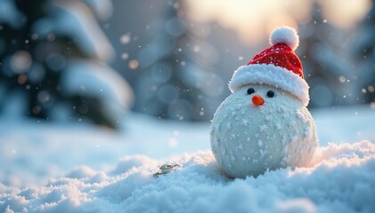Snowball with winter holiday themed accents nestled in snowy landscape, rustic, nature, snowball