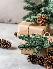 A charming small Christmas tree adorned with natural pine branches and decorative cones, exuding a cozy, festive atmosphere perfect for holiday decor.