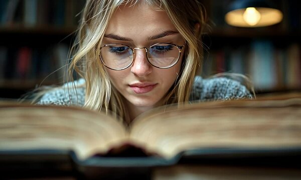 Reading Girl with glasses deeply engrossed in reading an open, aged book in a library, with bookshelves visible