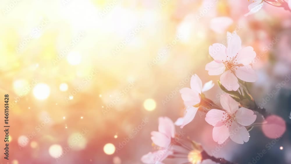 Poster beautiful cherry blossoms blooming on a tree branch in spring, illuminated by golden sunlight and en