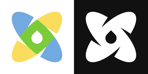 Minimalist molecule logo with water droplet. Clean science and sustainability vector symbol.