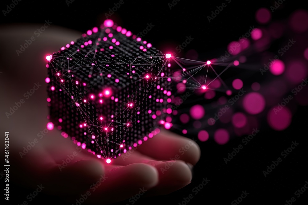 Poster digital cube emerging from a hand with glowing connections and dots.