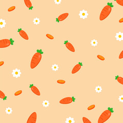 Carrot seamless pattern with flower decoration. Vegetable vector illustration. Summer theme cartoon