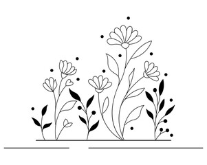 Hand-drawn wild flowers sketch set isolated on white background. Spring herbal design. Black Silhouettes Of Grass, Flowers And Herbs.