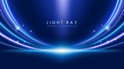 Abstract blue curved light rays with sparkling particles. Futuristic technology or modern background.