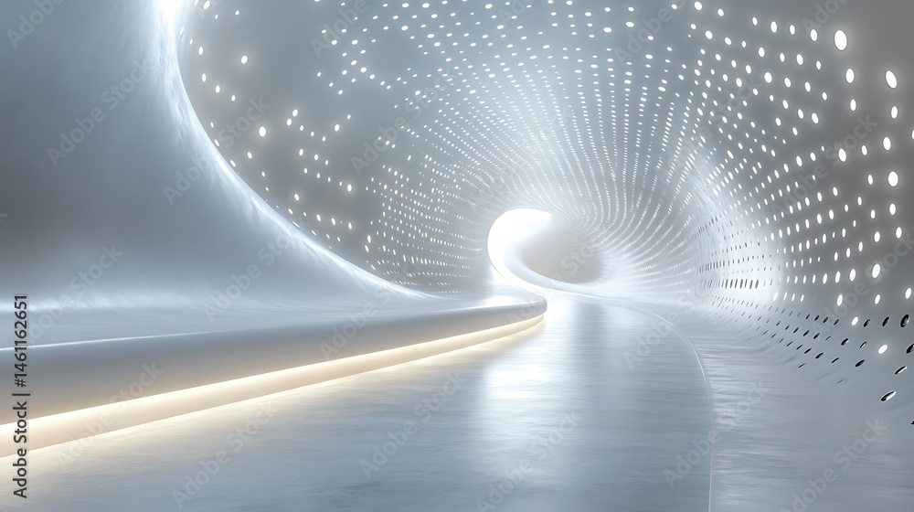 Poster abstract futuristic tunnel with dotted light patterns and smooth metallic walls for science fiction 