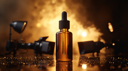 Amber Serum Bottle on Glittering Surface