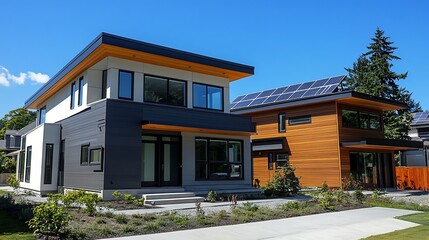 Fototapeta premium two modern houses with solar panels on the roof