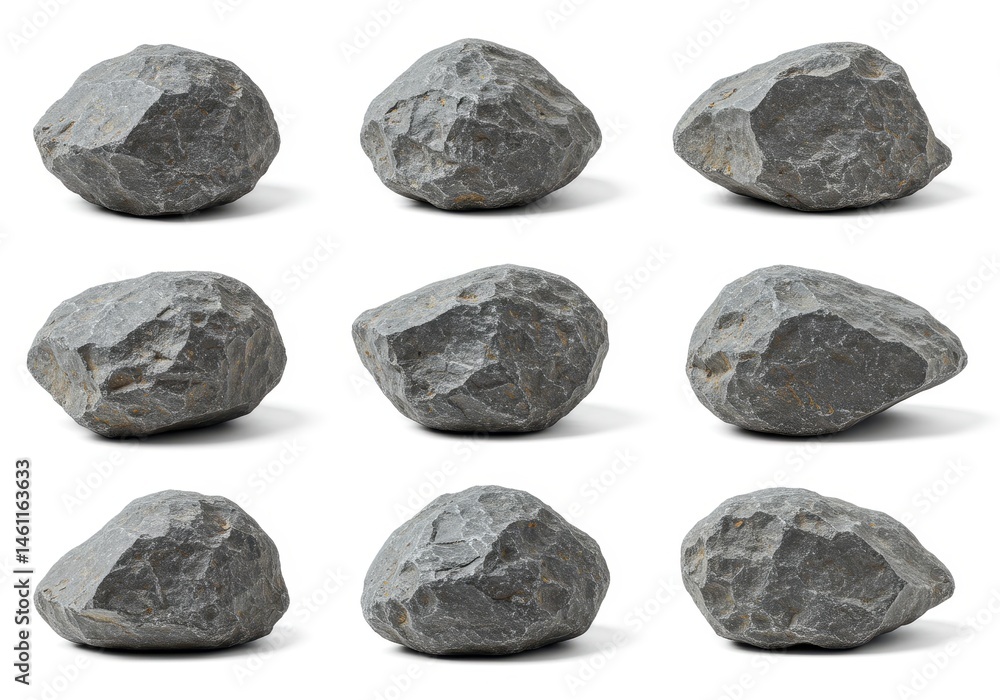 Poster nine gray rocks arranged in a grid pattern on a white background