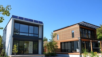 Fototapeta premium two modern houses with solar panels on the roof
