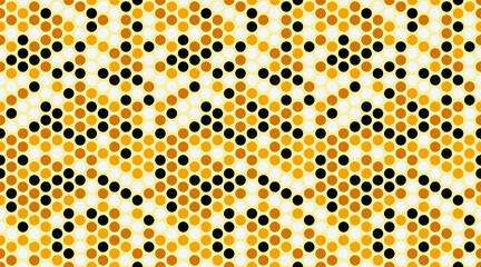 Abstract geometric pattern featuring gold, black, and white circles arranged in a dynamic diagonal design.