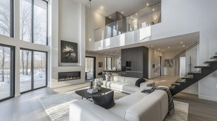 Modern, open-concept living area with soaring ceilings and expansive windows showcasing a wintery landscape.  A gas fireplace anchors the room, accented by contemporary furniture and a 