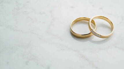 Golden wedding rings resting on marble surface, representing marital bond, eternal love, and lifelong partnership between committed partners