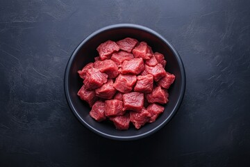 Cubed beef in a black bowl