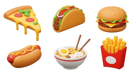3D Fast Food Icons: Pizza, Taco, Burger, Hot Dog, Ramen, Fries