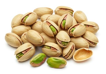 Pile of pistachios with shells on white background, some open