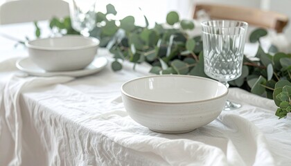 Fototapeta premium Softly wrinkled white linen runner with layered ceramic bowls, eucalyptus sprigs, and textured glass tumblers for a clean table look