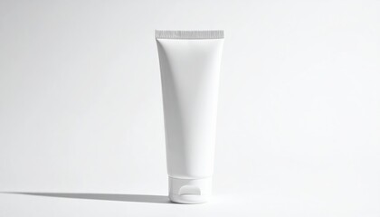 A sleek, white tube of cream stands upright against a pristine white background, showcasing its elegant design and smooth texture, ideal for skincare.