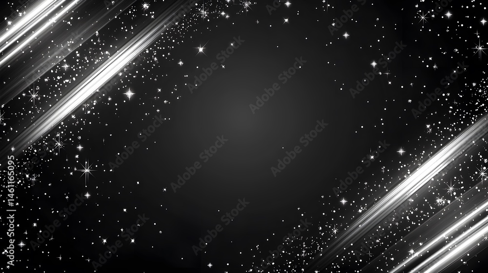 Poster dark backdrop with light streaks and sparkling particles.