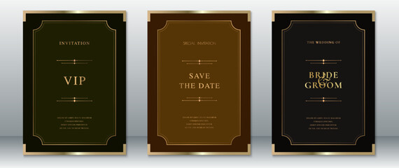 Elegant wedding invitation set featuring minimalist gold line borders and sophisticated typography on dark backgrounds. Perfect for upscale events, gala nights, and classic wedding celebrations.